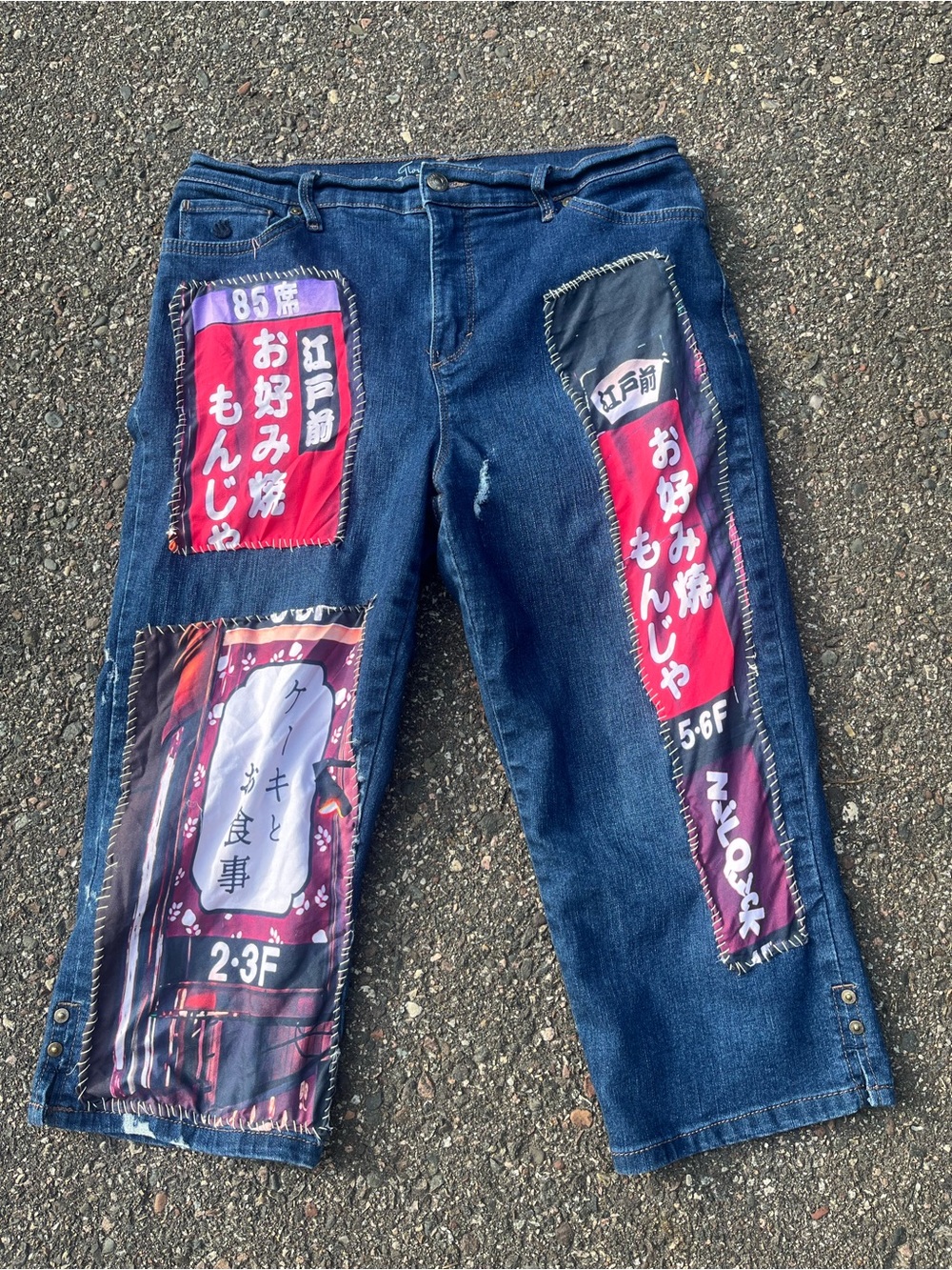 OOAK Reworked Japanese Kanji Patchwork Jeans Harajuku Streetwear Wide-Leg Y2K